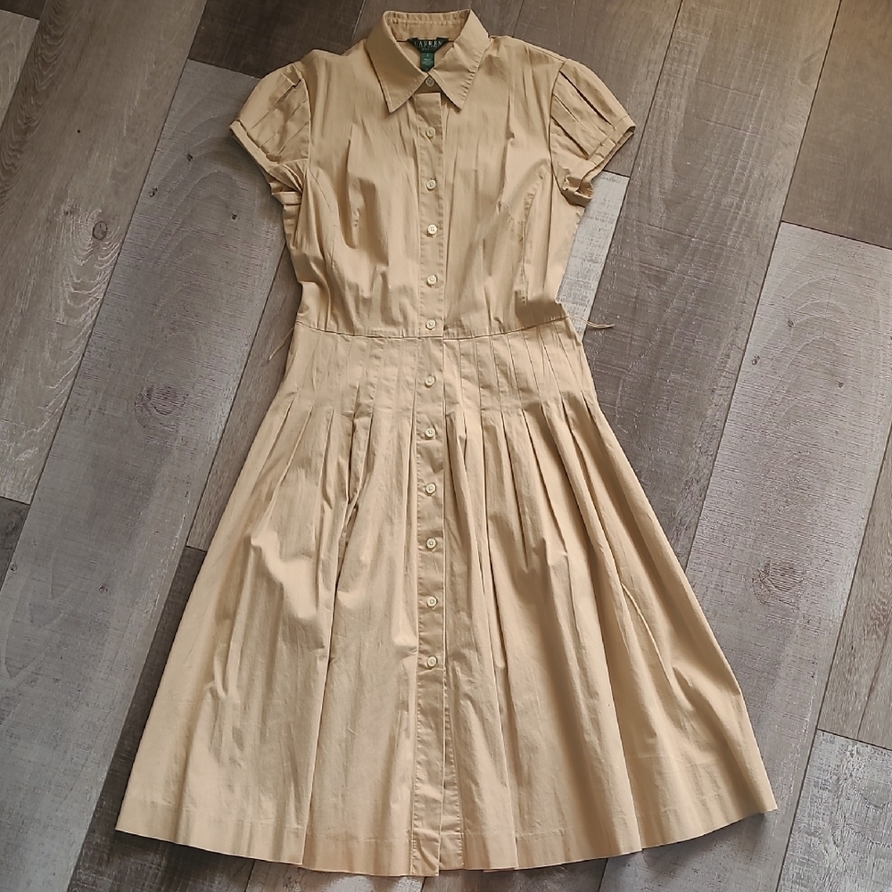 LAUREN - Ralph Lauren Classic Beige Pleated Button-Up Dress Size 2
